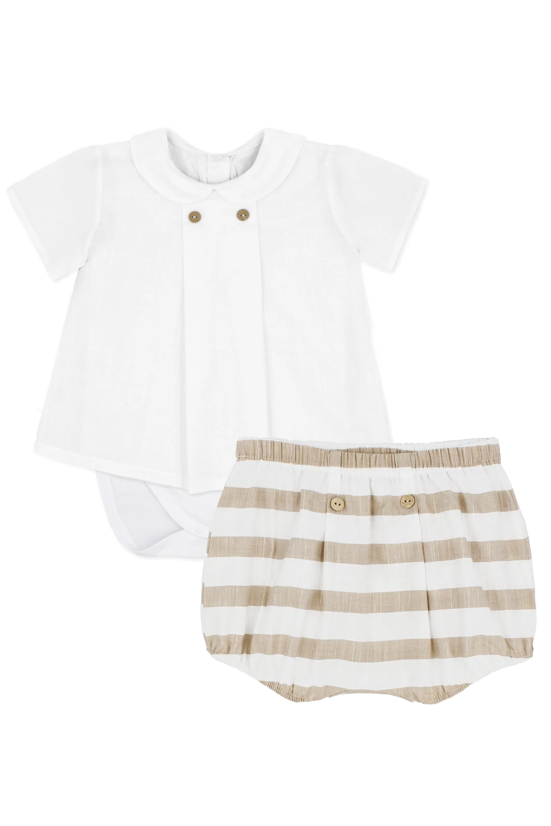 "Maddox" White Shirt Bodysuit & Beige Stripe Jam Pants