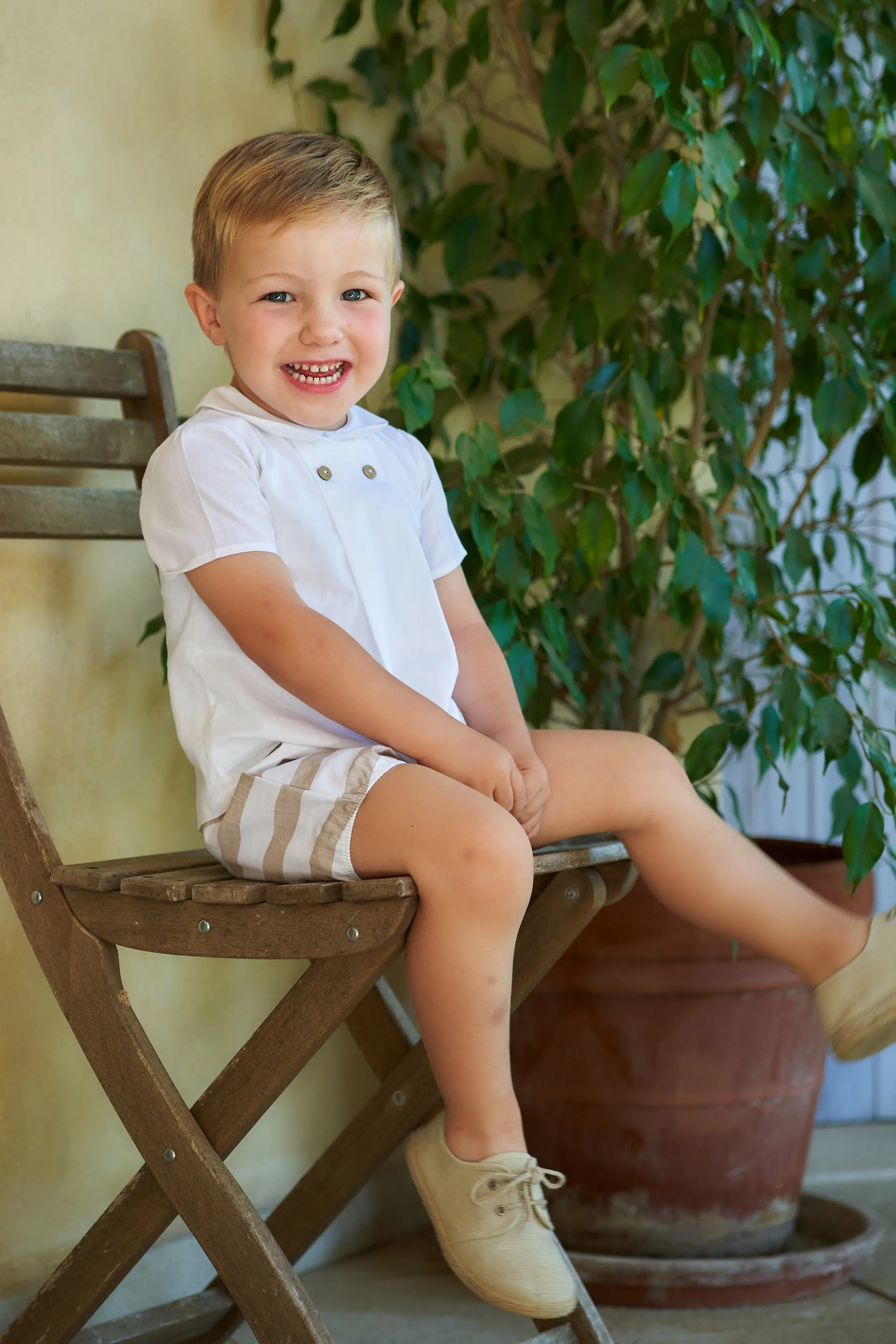 "Maddox" White Shirt Bodysuit & Beige Stripe Jam Pants
