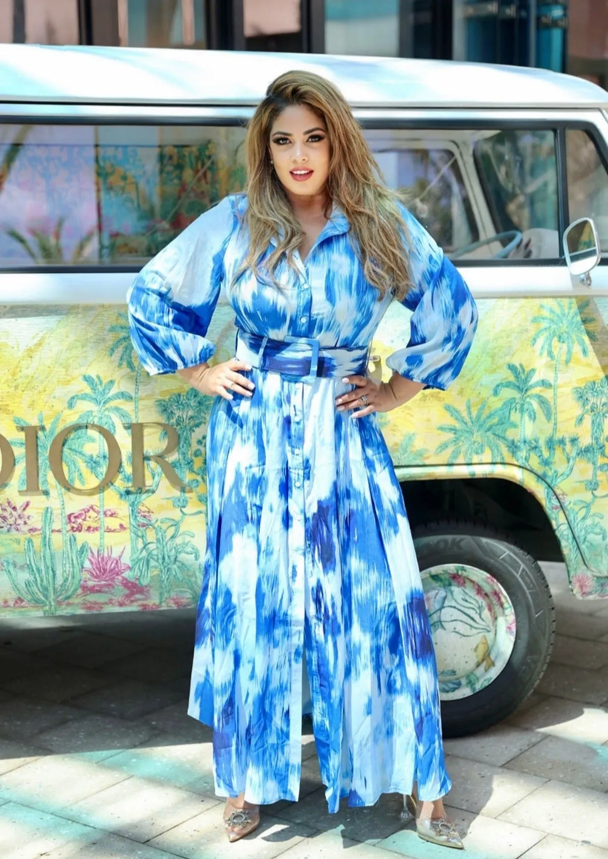 "MAGGIE" BLUE TIE-DYE PRINTED MAXI DRESS (PLUS SIZE)