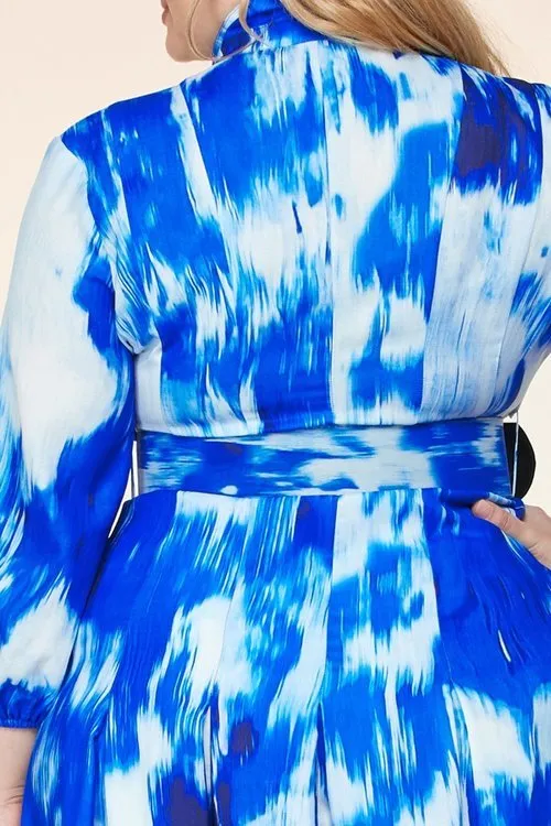 "MAGGIE" BLUE TIE-DYE PRINTED MAXI DRESS (PLUS SIZE)