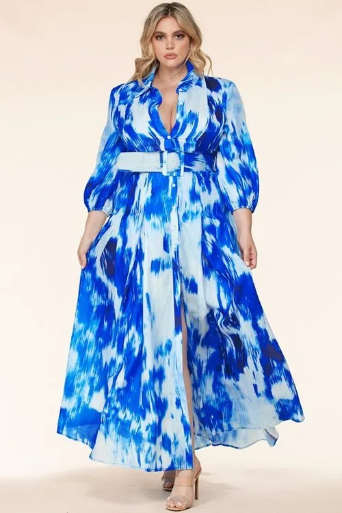 "MAGGIE" BLUE TIE-DYE PRINTED MAXI DRESS (PLUS SIZE)