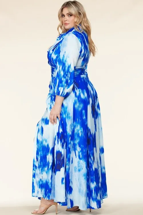 "MAGGIE" BLUE TIE-DYE PRINTED MAXI DRESS (PLUS SIZE)