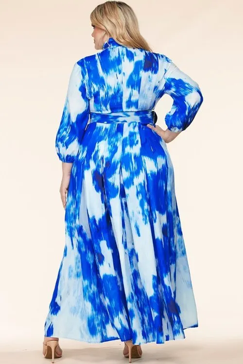 "MAGGIE" BLUE TIE-DYE PRINTED MAXI DRESS (PLUS SIZE)