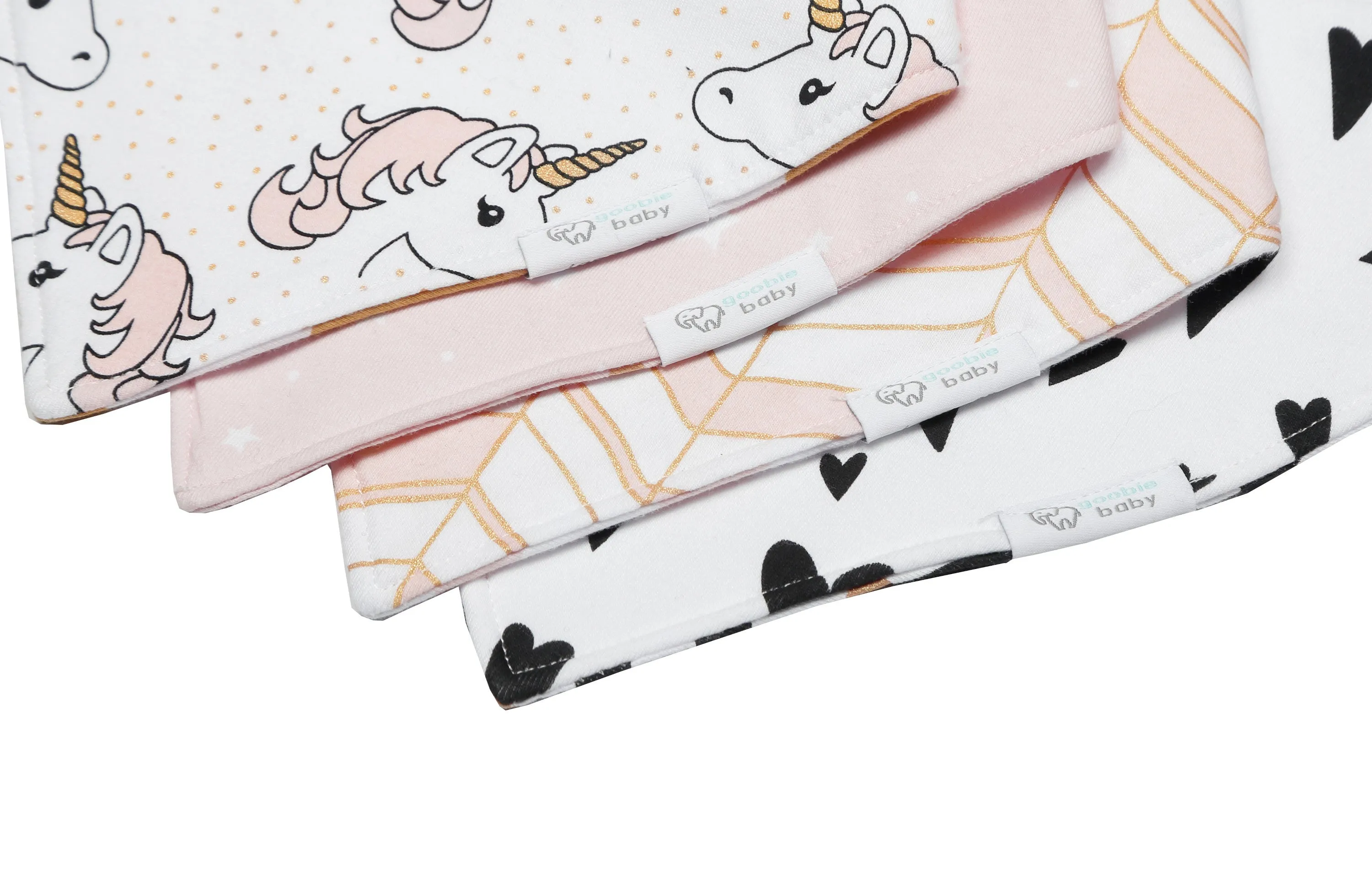 Reversible & Waterproof Cotton Bandana Bibs - Pink/Gold Unicorn