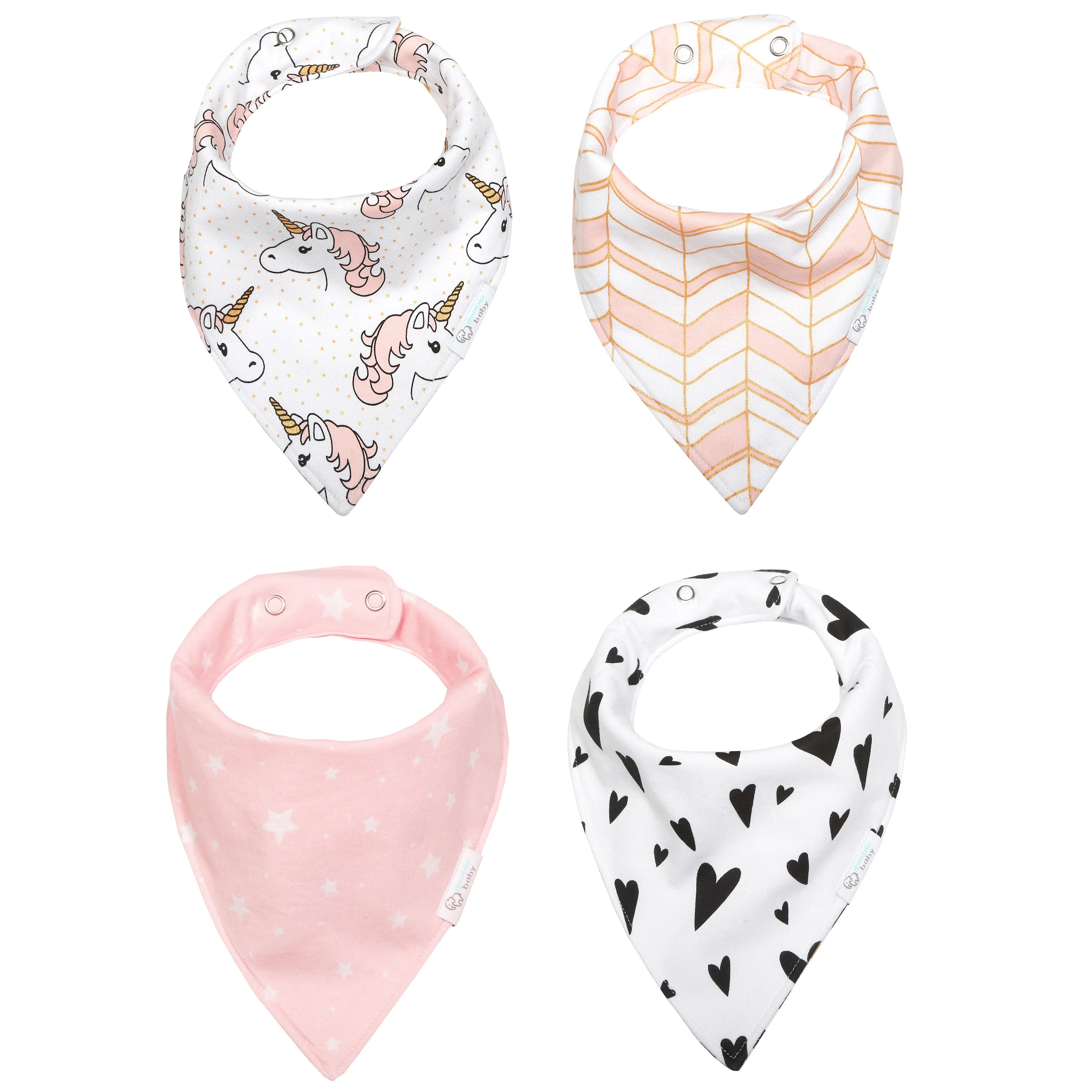 Reversible & Waterproof Cotton Bandana Bibs - Pink/Gold Unicorn