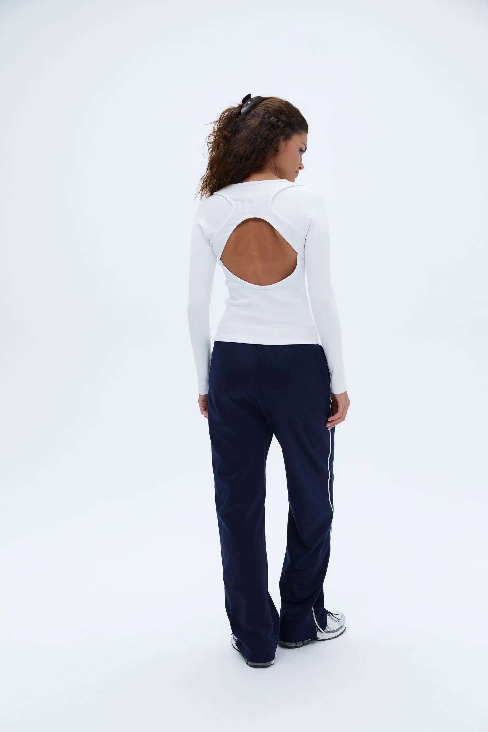 Rib Long Sleeve Open Back Top - White