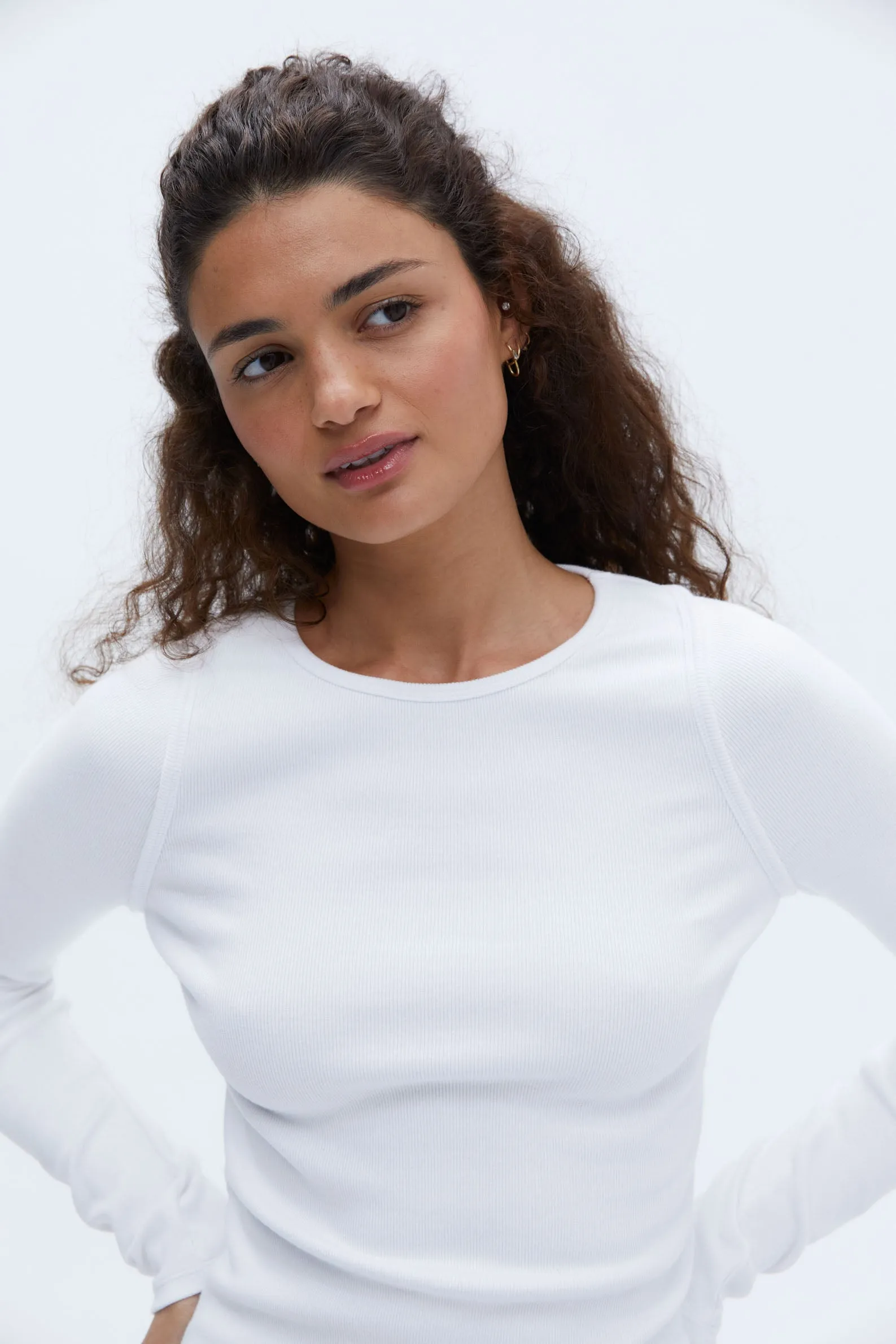 Rib Long Sleeve Open Back Top - White