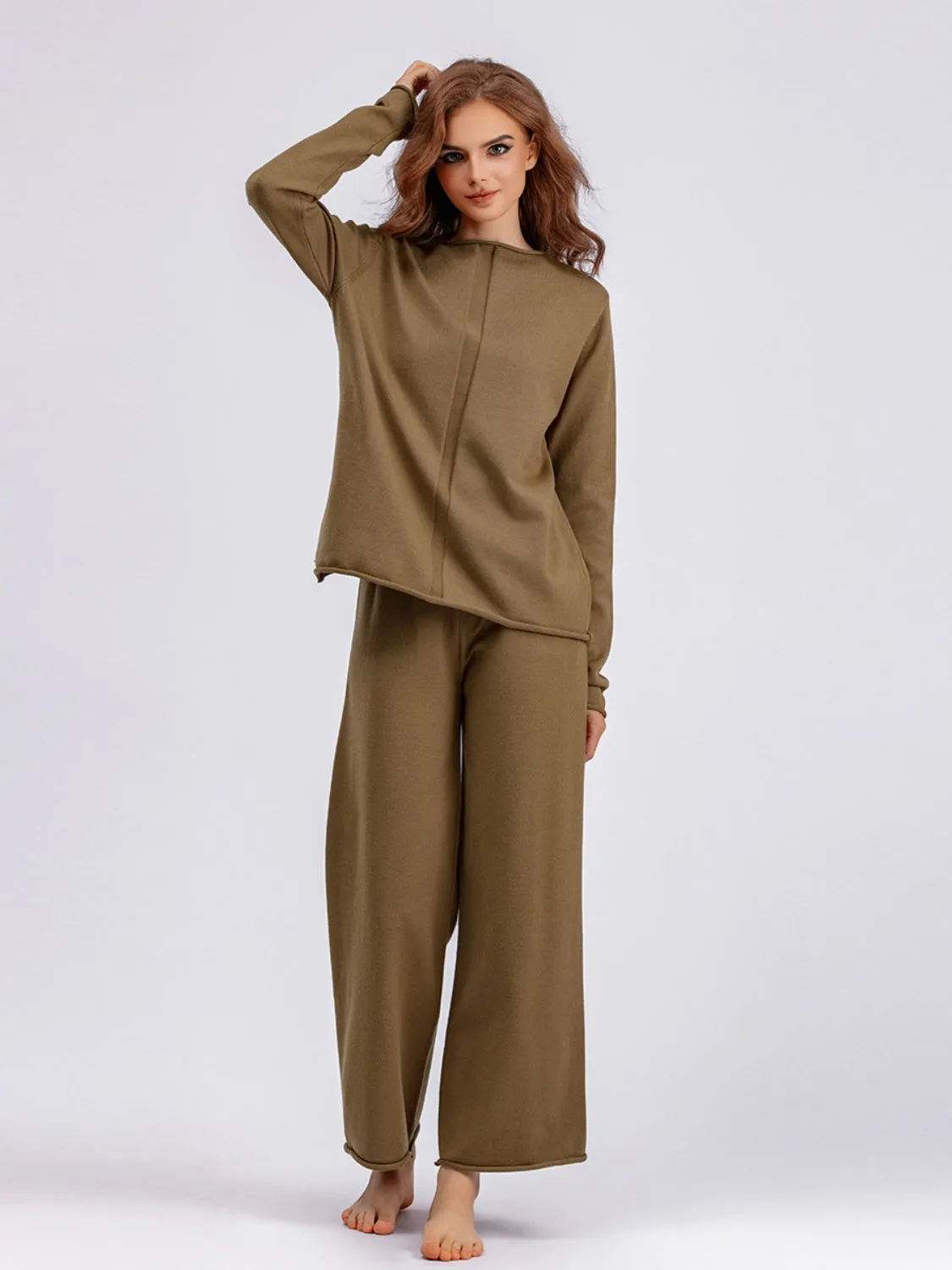 Rolled Round Neck Top and Pants Sweater Set