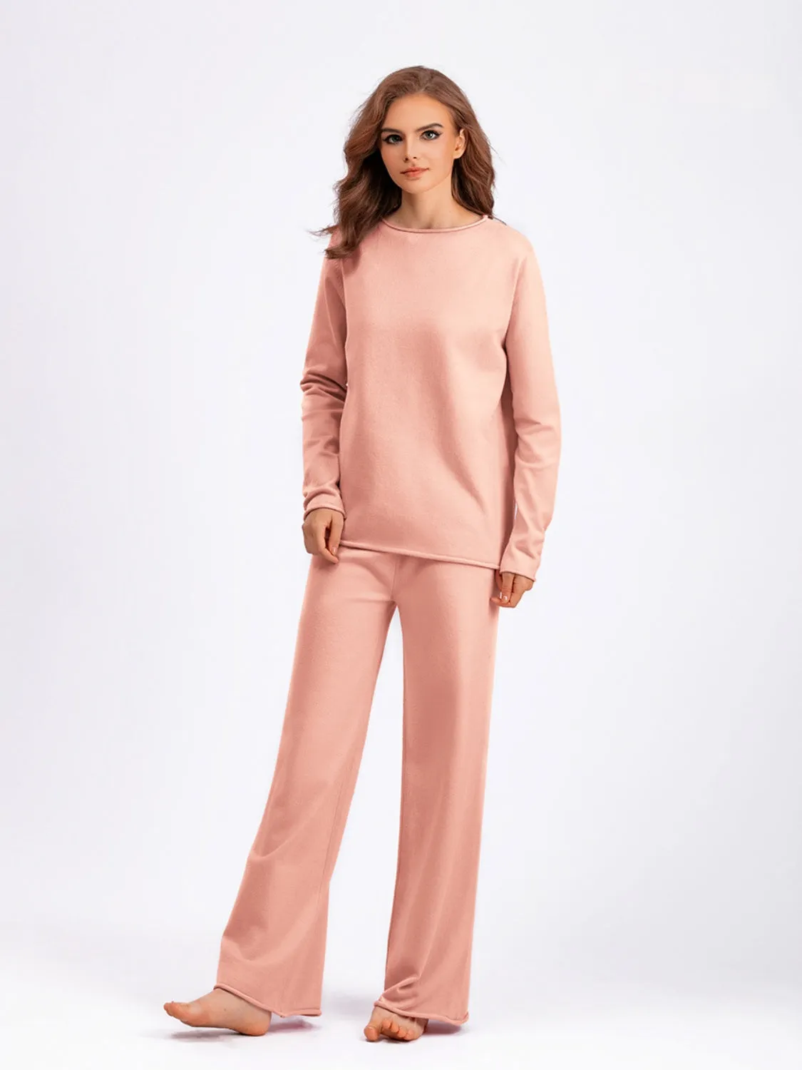 Rolled Round Neck Top and Pants Sweater Set