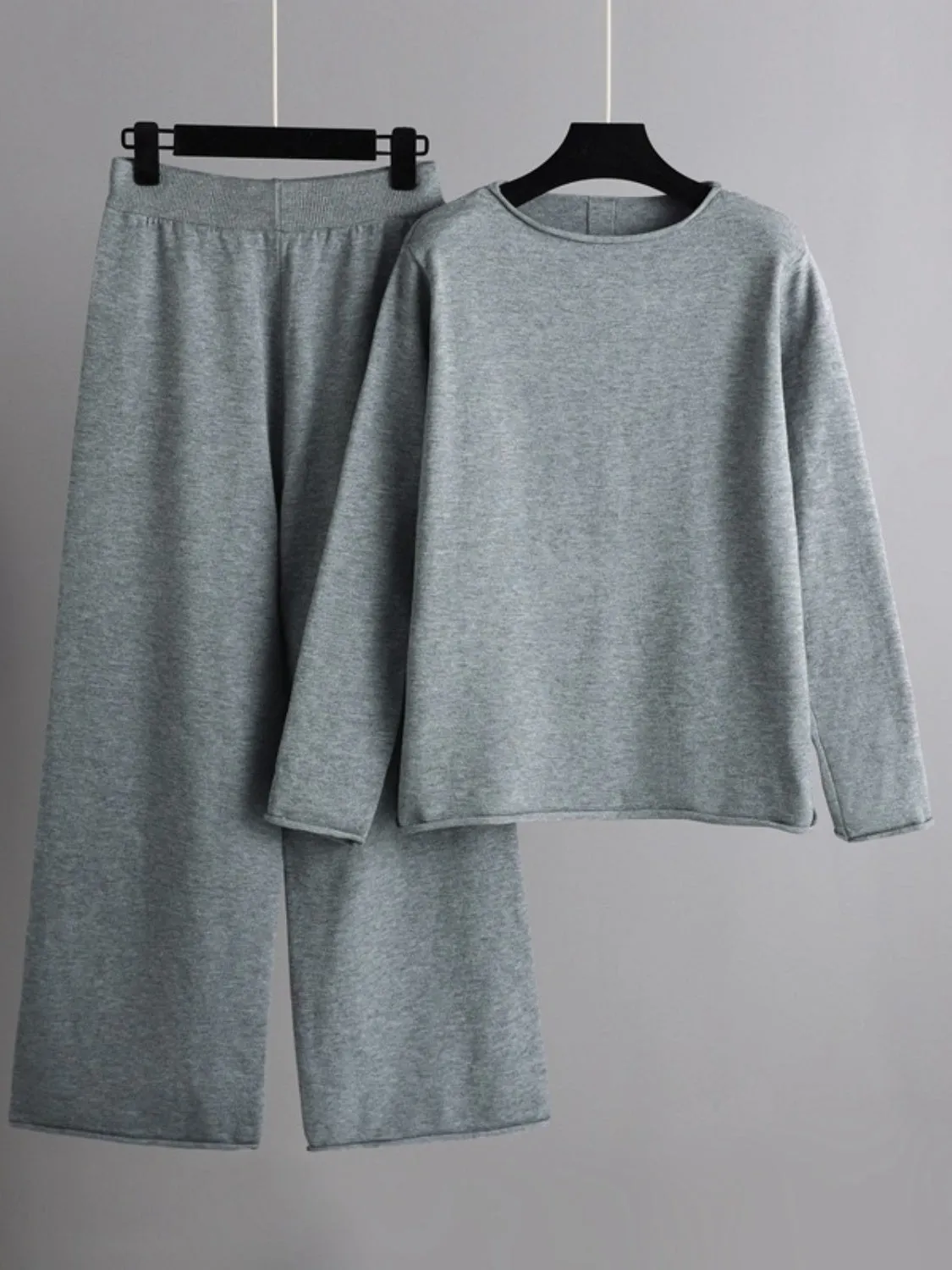 Rolled Round Neck Top and Pants Sweater Set