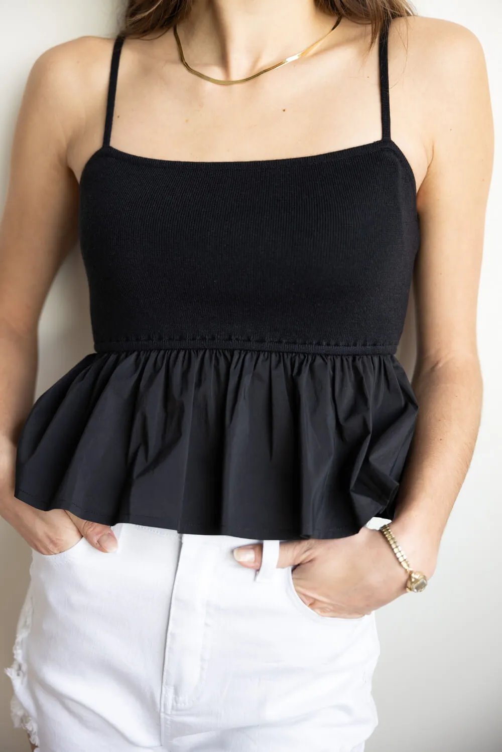 Ruffle Flare Hem Cami Tank Top for Women in Black | IBT26477-BLACK
