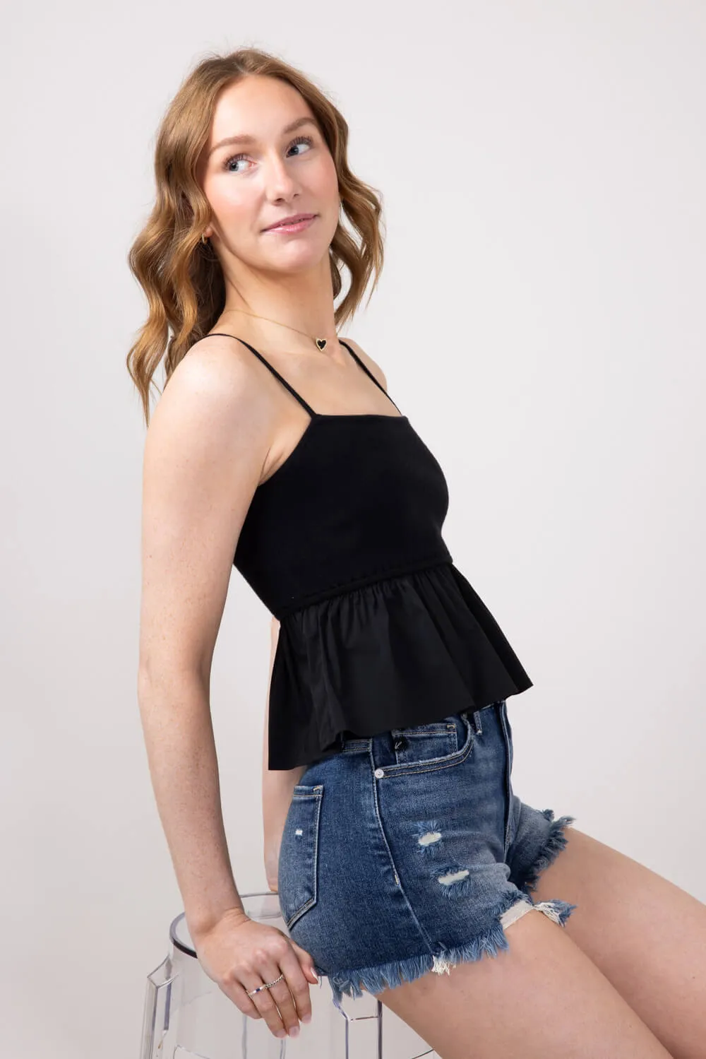 Ruffle Flare Hem Cami Tank Top for Women in Black | IBT26477-BLACK