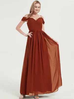 Rusty Red  Spaghetti Straps Pleated Chiffon Maxi Bridesmaid Dress