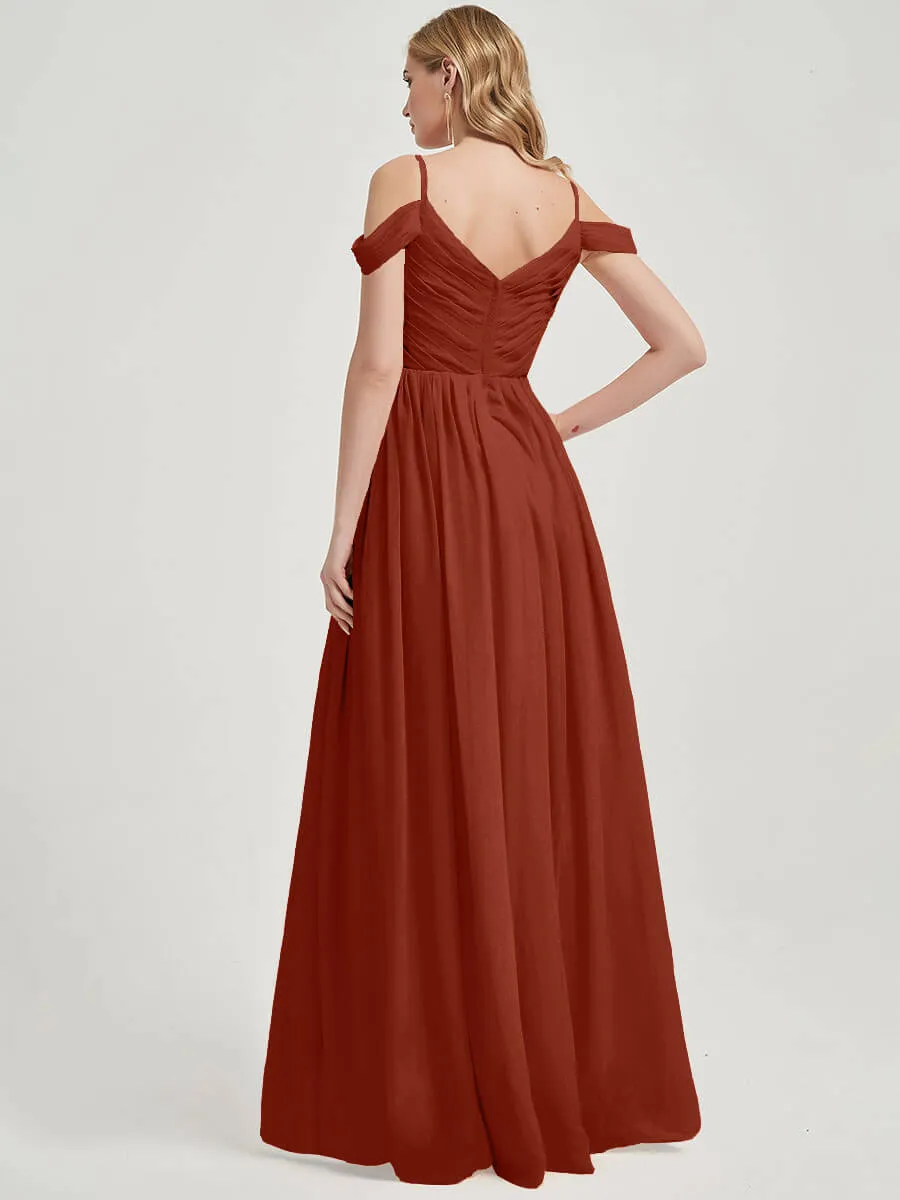 Rusty Red  Spaghetti Straps Pleated Chiffon Maxi Bridesmaid Dress
