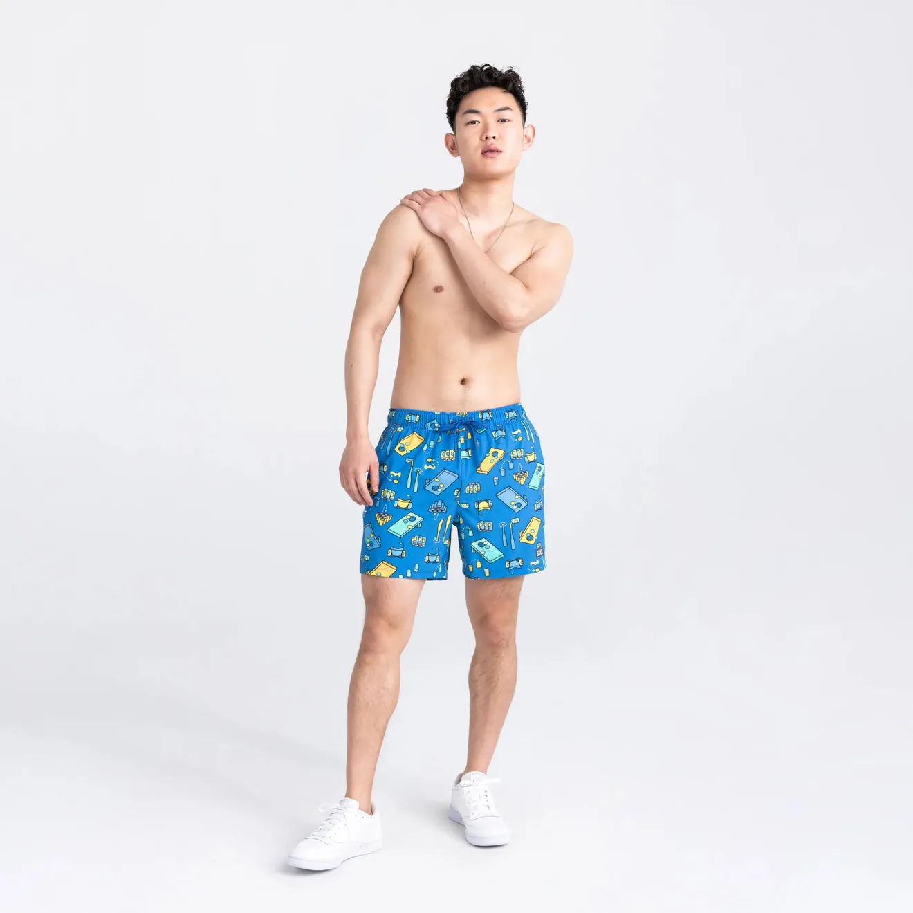 Saxx Mens Oh Buoy Stretch Volley 5" Swim Short - Beer Olympics - Racer Blue