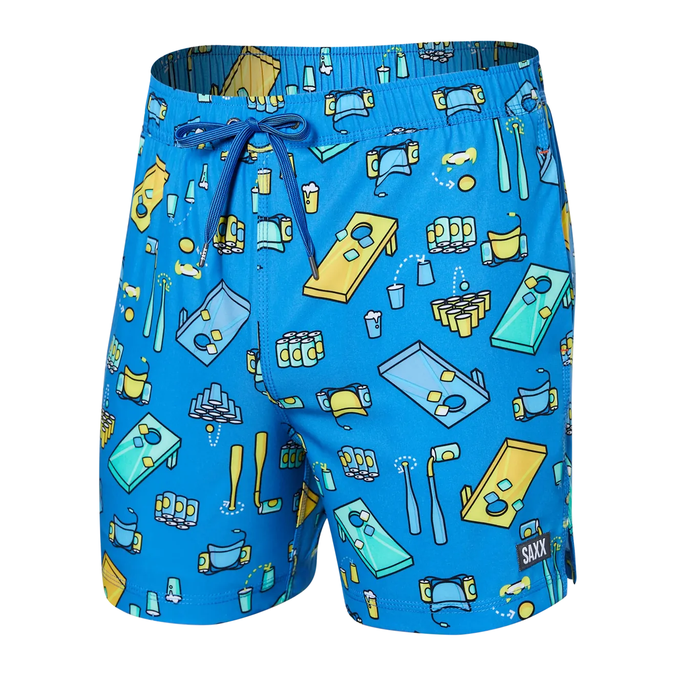 Saxx Mens Oh Buoy Stretch Volley 5" Swim Short - Beer Olympics - Racer Blue