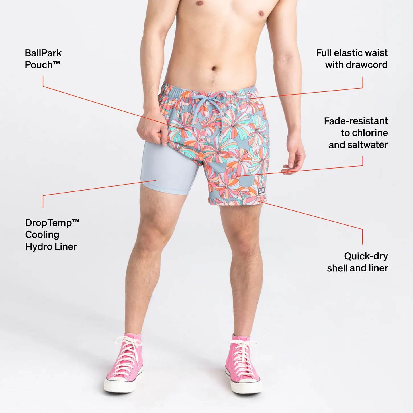 Saxx Mens Oh Buoy Stretch Volley 5" Swim Short - Flower Pop