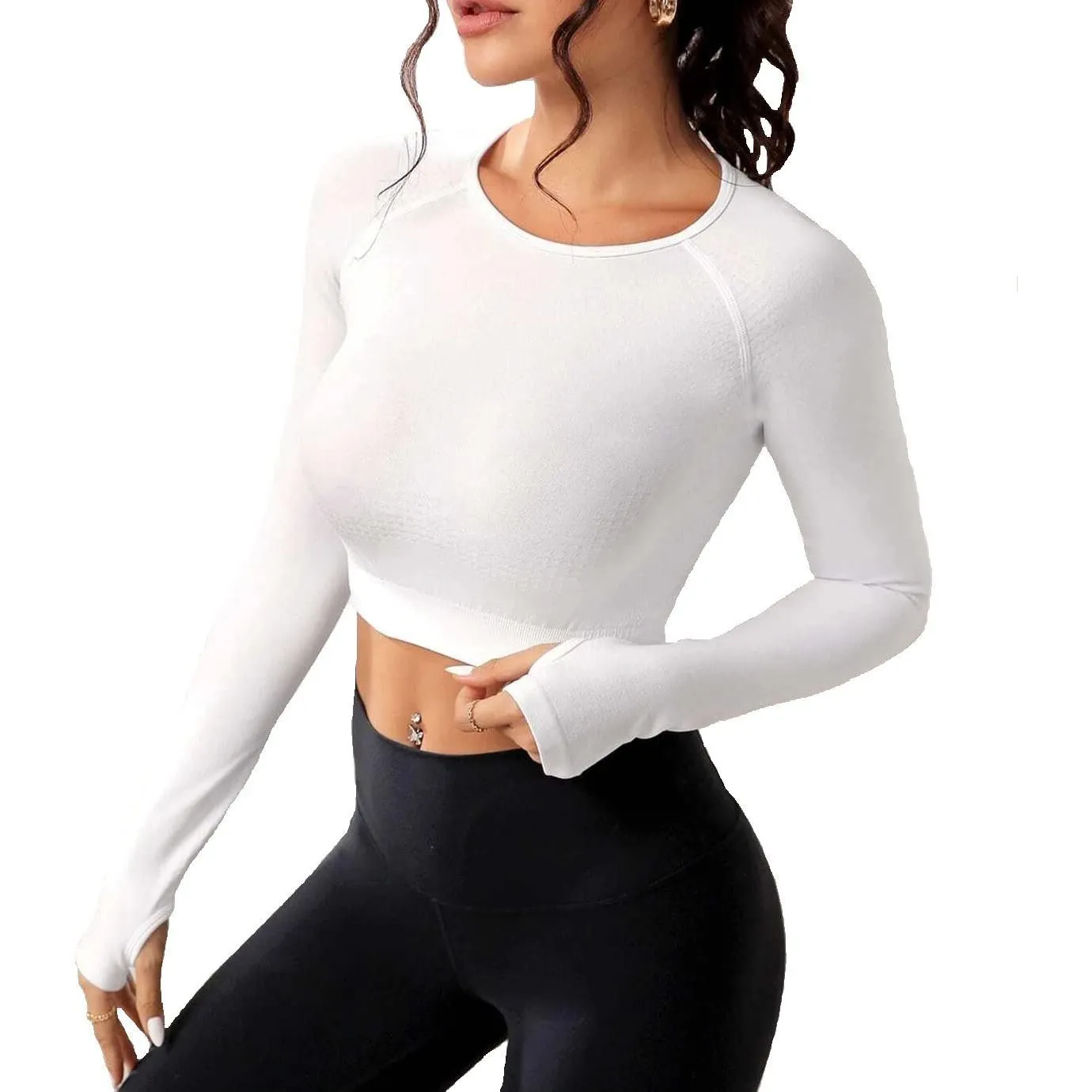 Seamless Yoga Crop Top Long Sleeves Workout Fitness Gym Athletic Shirt Sportswear for Women
