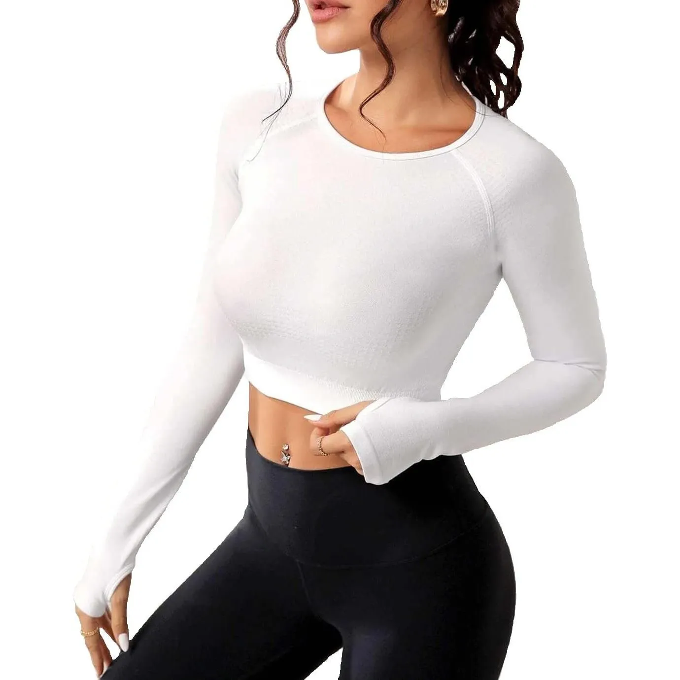 Seamless Yoga Crop Top Long Sleeves Workout Fitness Gym Athletic Shirt Sportswear for Women