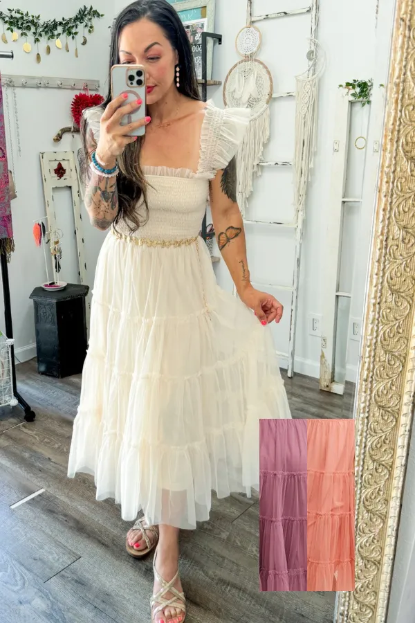 Smocked Ruffle Tiered Mesh Midi Maxi Dress