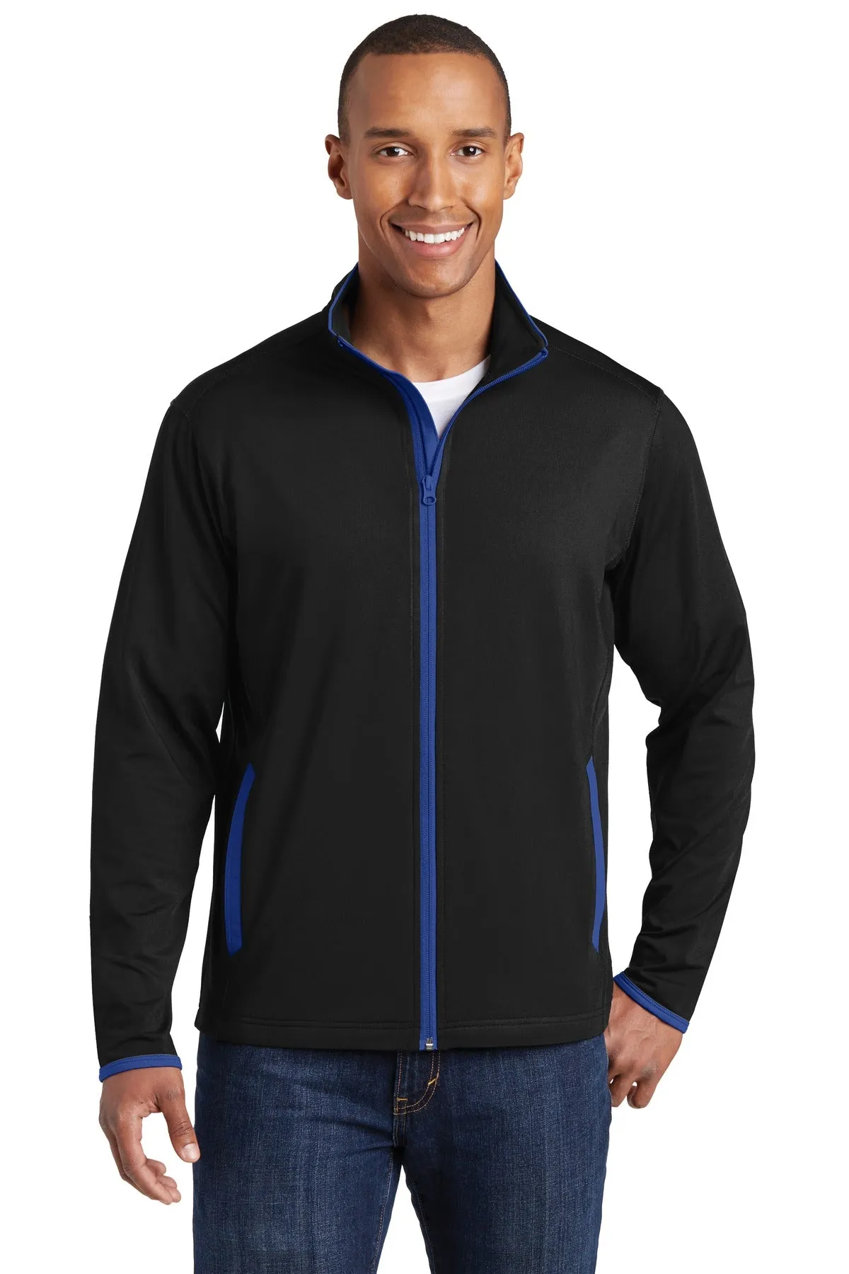 Sport-Tek Sport-Wick Stretch Contrast Full-Zip Jacket.  ST853 Black/ True Royal
