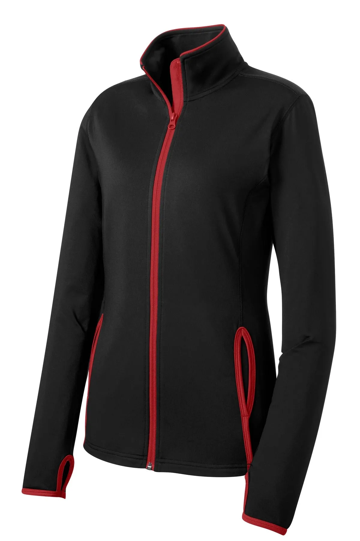Sport-Tek Women's Sport-Wick Stretch Contrast Full-Zip Jacket.  LST853 Black/ True Red