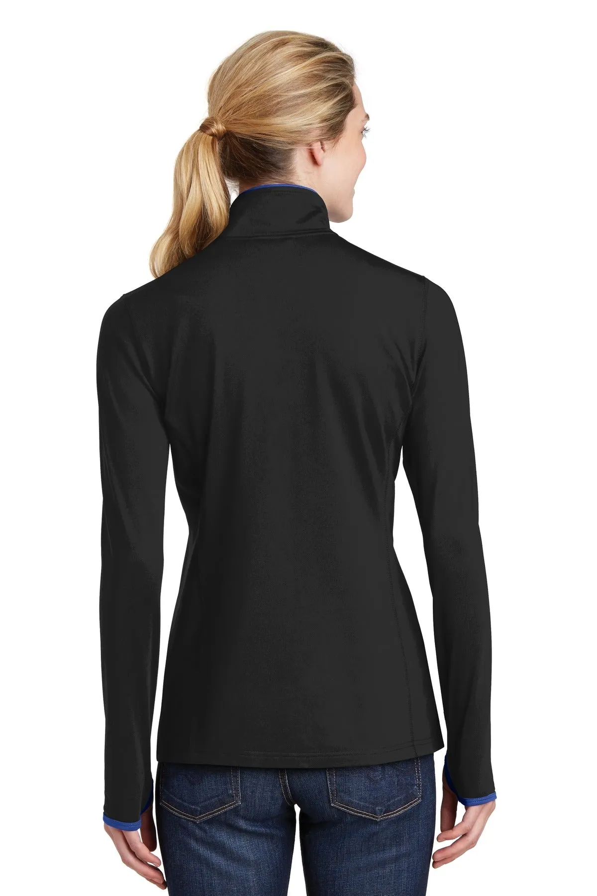Sport-Tek Women's Sport-Wick Stretch Contrast Full-Zip Jacket.  LST853 Black/ True Royal