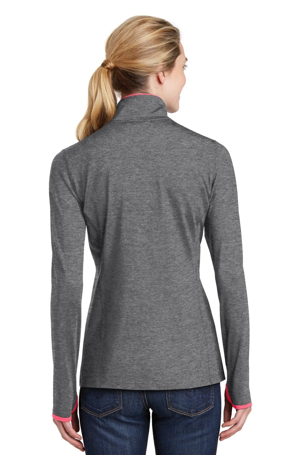 Sport-Tek Women's Sport-Wick Stretch Contrast Full-Zip Jacket.  LST853 Charcoal Grey Heather/ Hot Coral