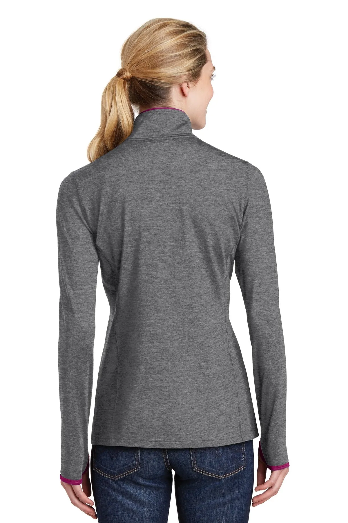 Sport-Tek Women's Sport-Wick Stretch Contrast Full-Zip Jacket.  LST853 Charcoal Grey Heather/ Pink Rush