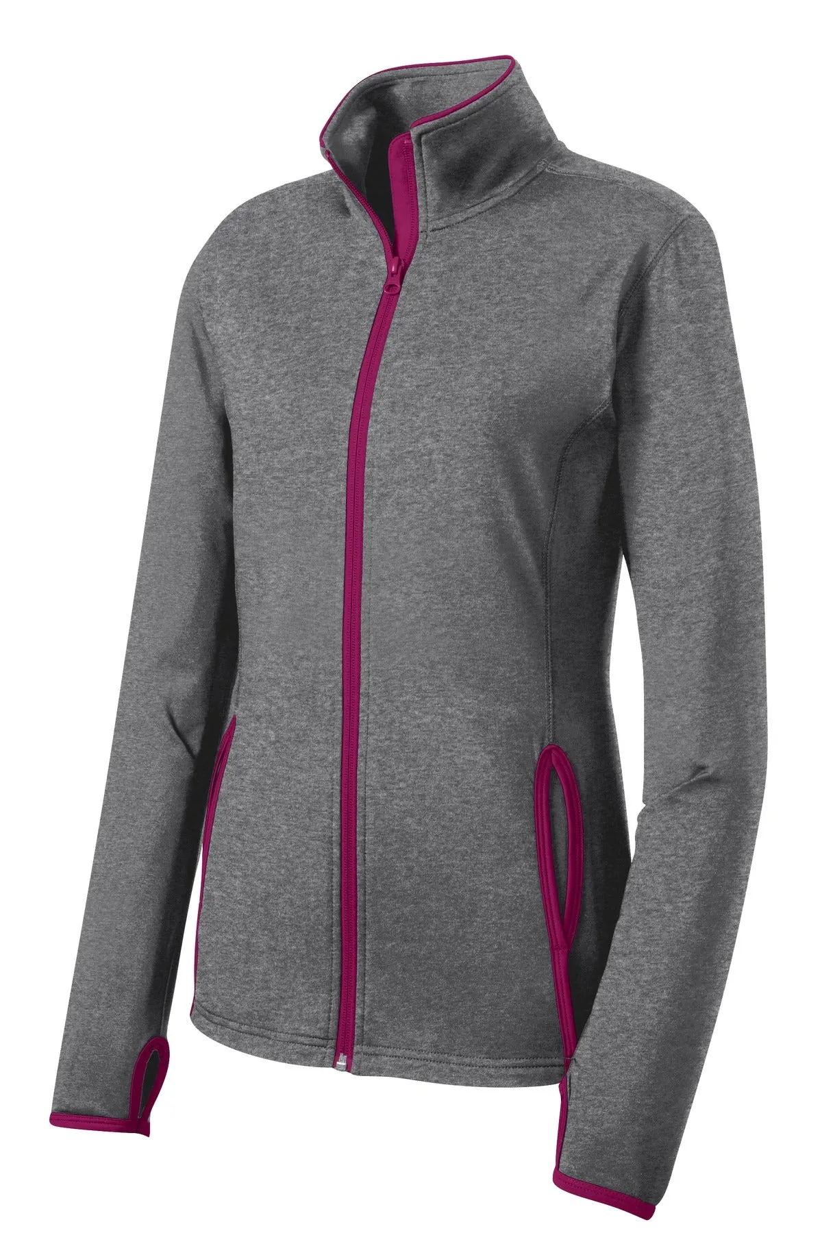 Sport-Tek Women's Sport-Wick Stretch Contrast Full-Zip Jacket.  LST853 Charcoal Grey Heather/ Pink Rush