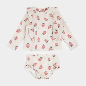 Strawberry Print on Crème Long-Sleeve Rashguard Set