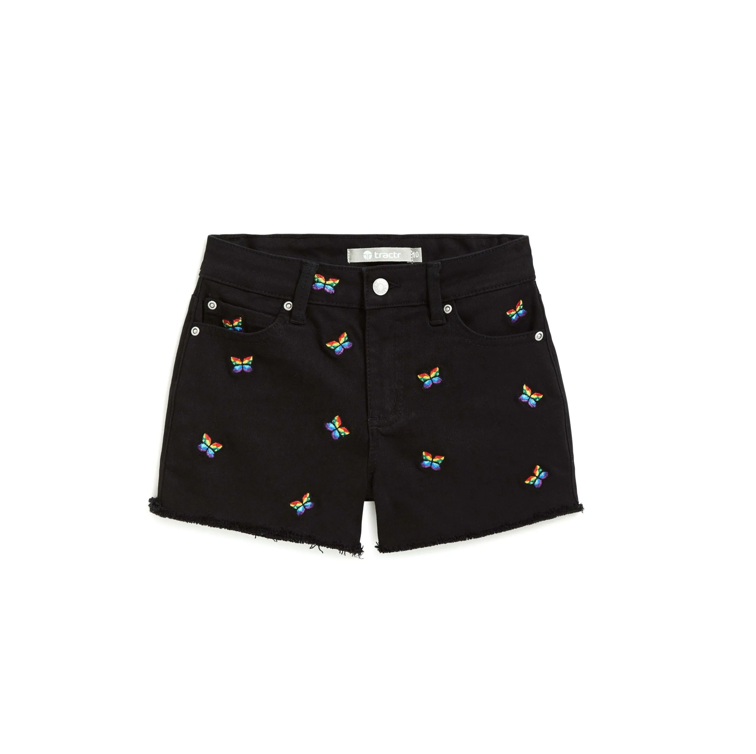 Tractr Girls Kaleidoscope Butterfly Embroidered Frayed Hem Black Shorts