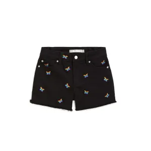 Tractr Girls Kaleidoscope Butterfly Embroidered Frayed Hem Black Shorts