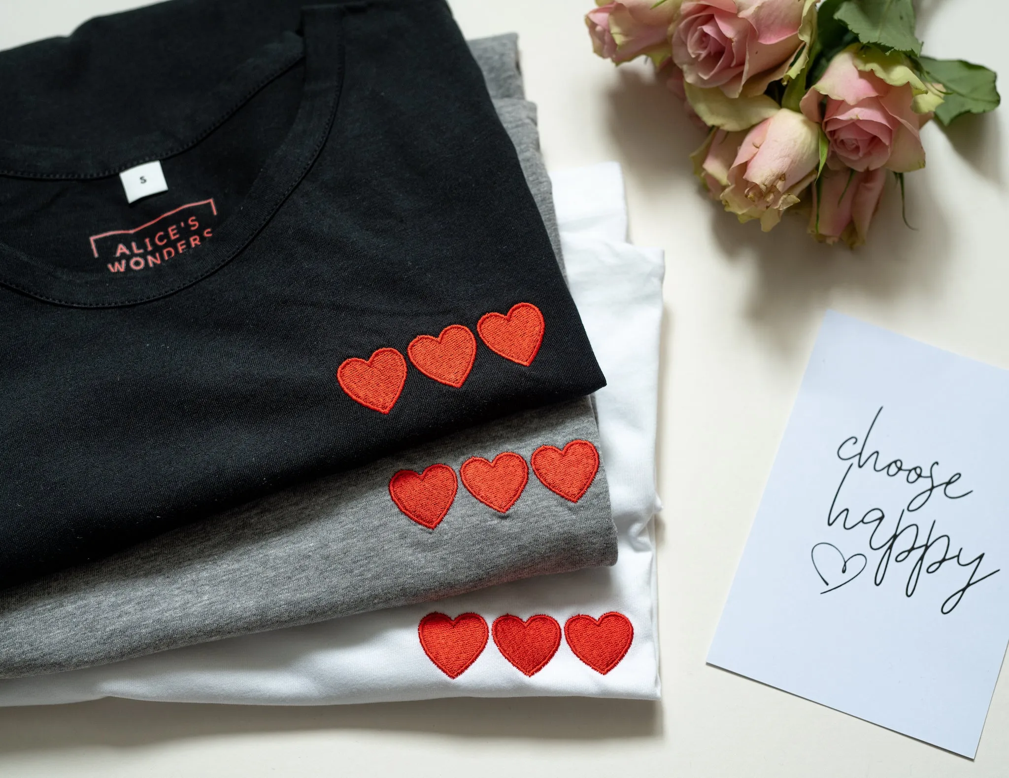 Triple Hearts Embroidered Black Tee - Boyfriend Fit