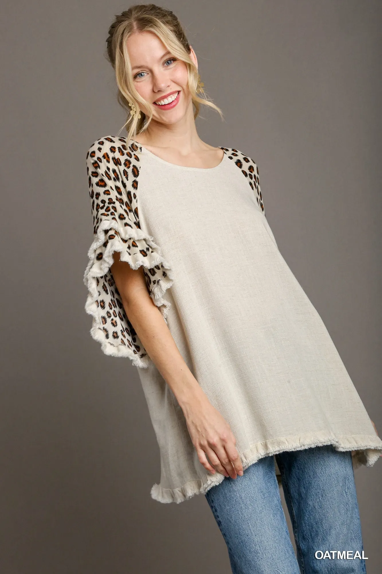 Victoria Animal Print Layered Bell Sleeve Round Neck Top In Oatmeal