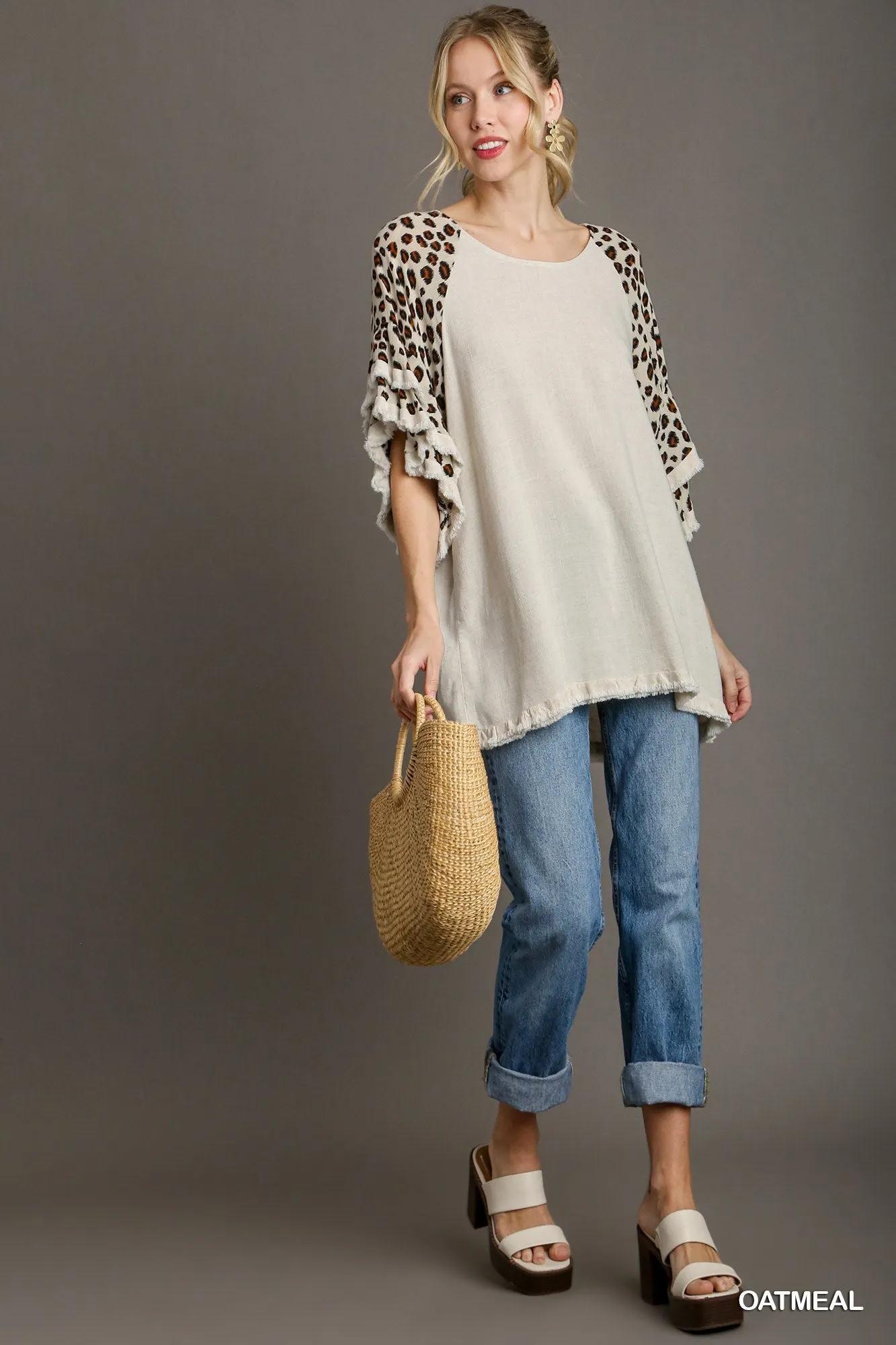Victoria Animal Print Layered Bell Sleeve Round Neck Top In Oatmeal