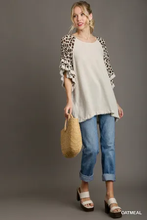 Victoria Animal Print Layered Bell Sleeve Round Neck Top In Oatmeal