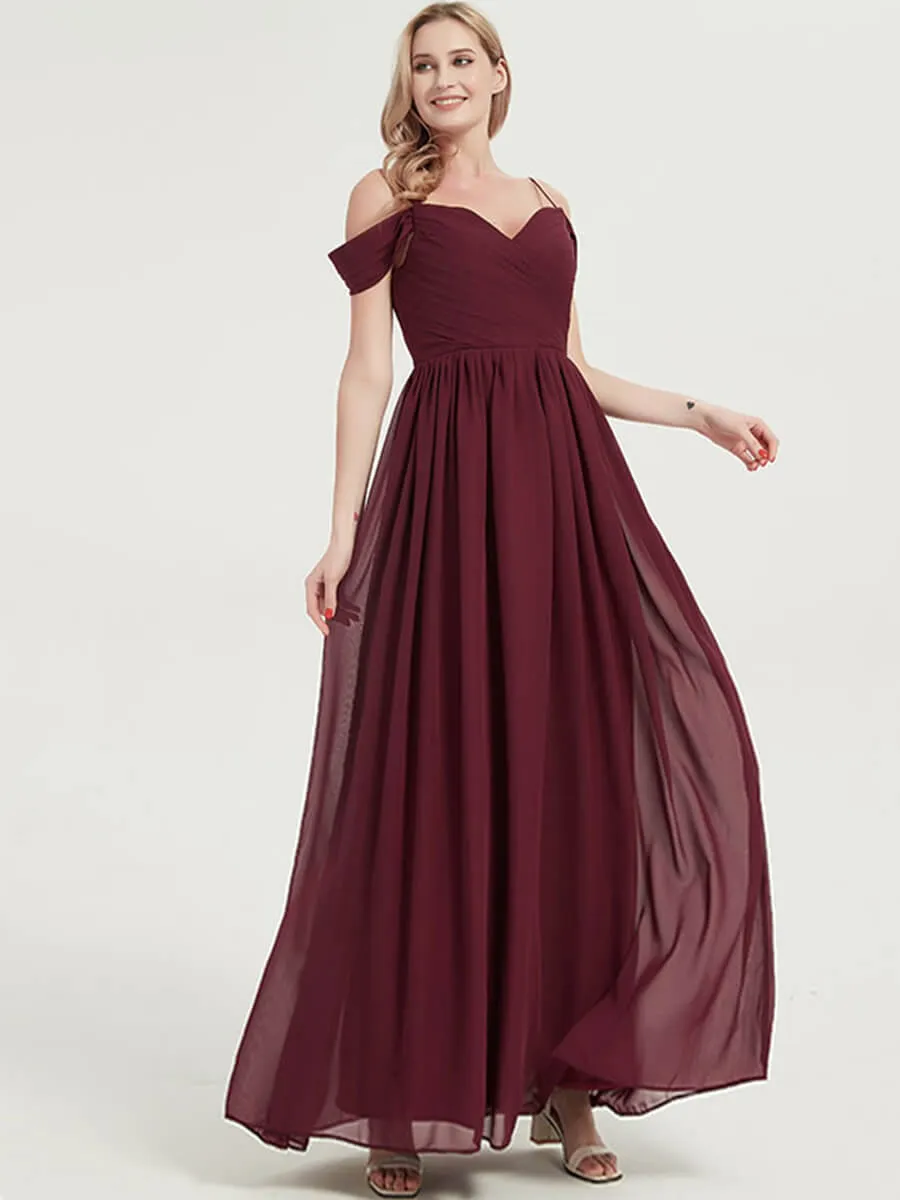 Vintage Mauve Spaghetti Straps Pleated Chiffon Maxi Bridesmaid Dress