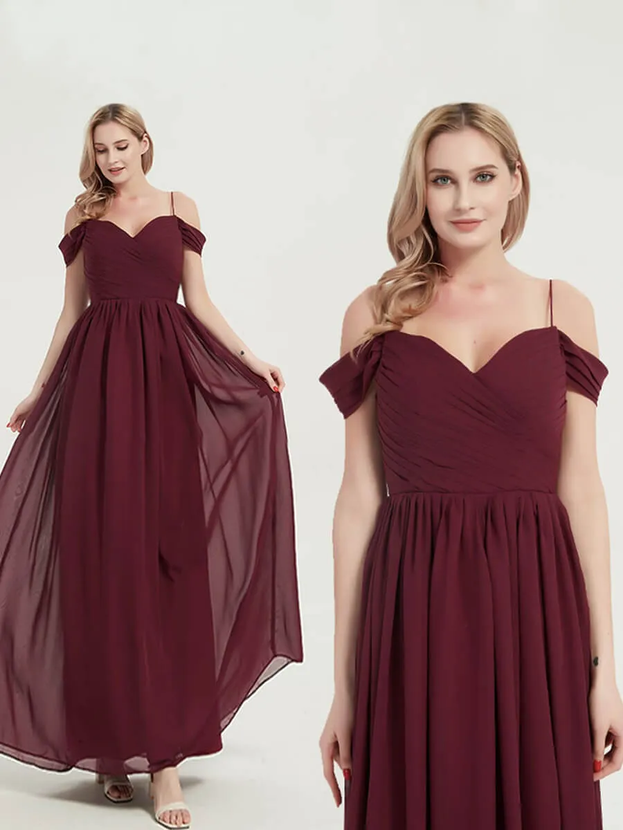 Vintage Mauve Spaghetti Straps Pleated Chiffon Maxi Bridesmaid Dress