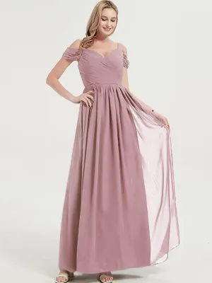Vintage Mauve Spaghetti Straps Pleated Chiffon Maxi Bridesmaid Dress