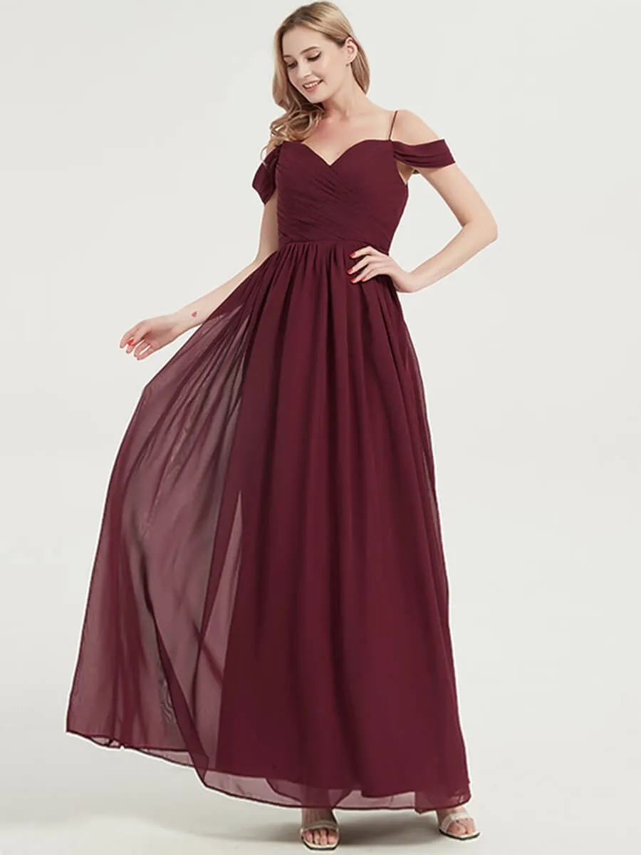 Vintage Mauve Spaghetti Straps Pleated Chiffon Maxi Bridesmaid Dress