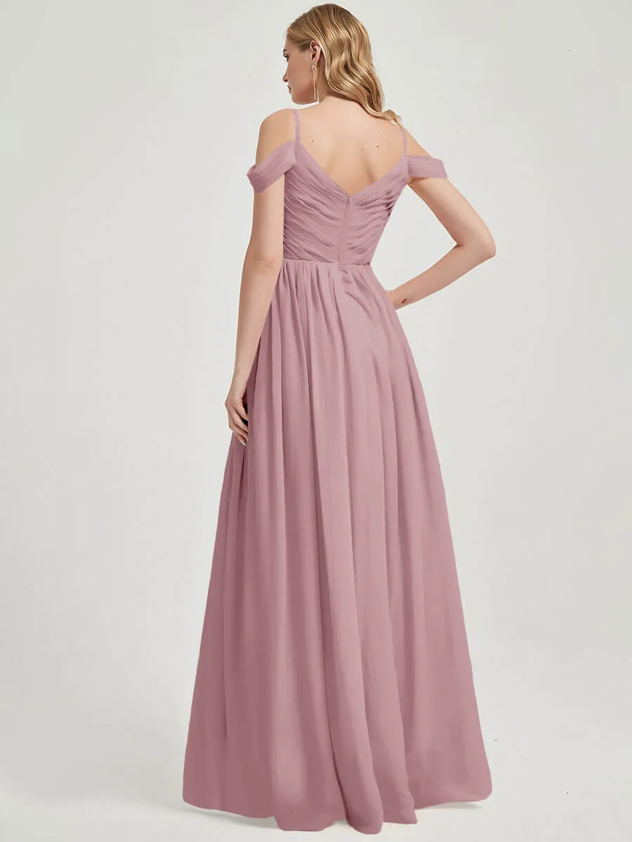 Vintage Mauve Spaghetti Straps Pleated Chiffon Maxi Bridesmaid Dress
