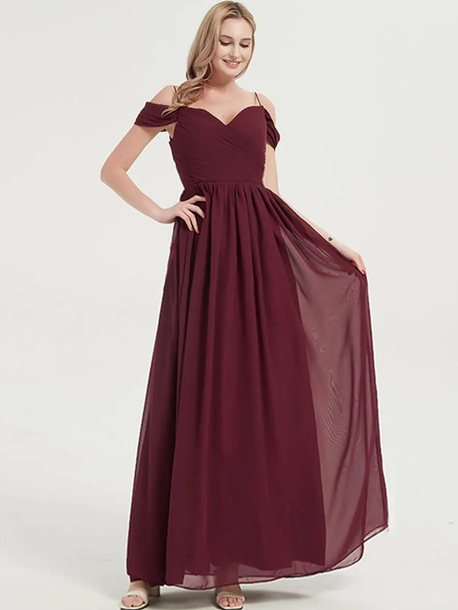 Vintage Mauve Spaghetti Straps Pleated Chiffon Maxi Bridesmaid Dress