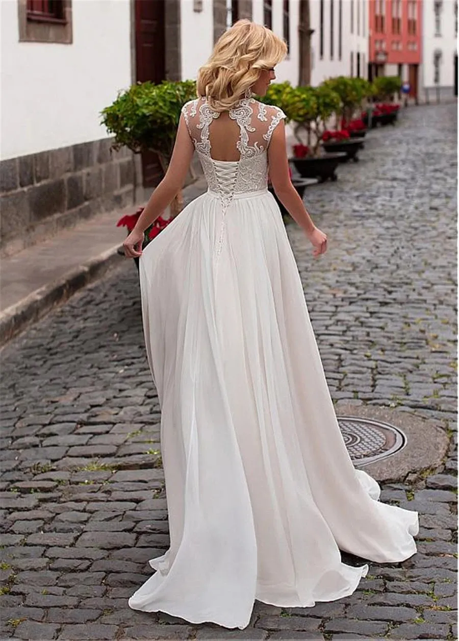 Wedding Guest Dresses: Back Design Chiffon A-line Wedding Dress Lace Appliques