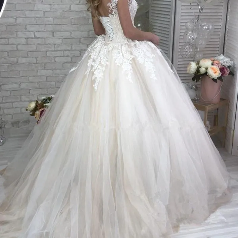 White Wedding Dress Customizable Color Bridal Tulle Deep V Neck
