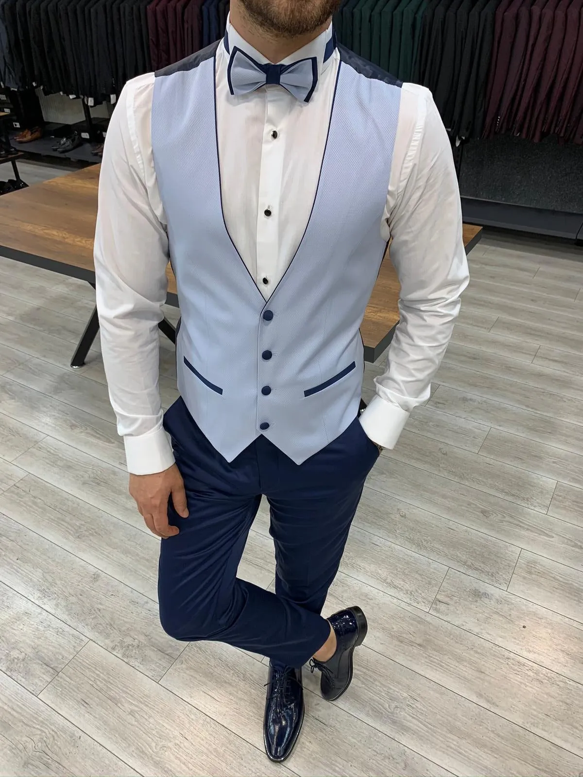Wilson Sky Blue Slim Fit Peak Lapel Tuxedo: Perfect for Formal Occasions