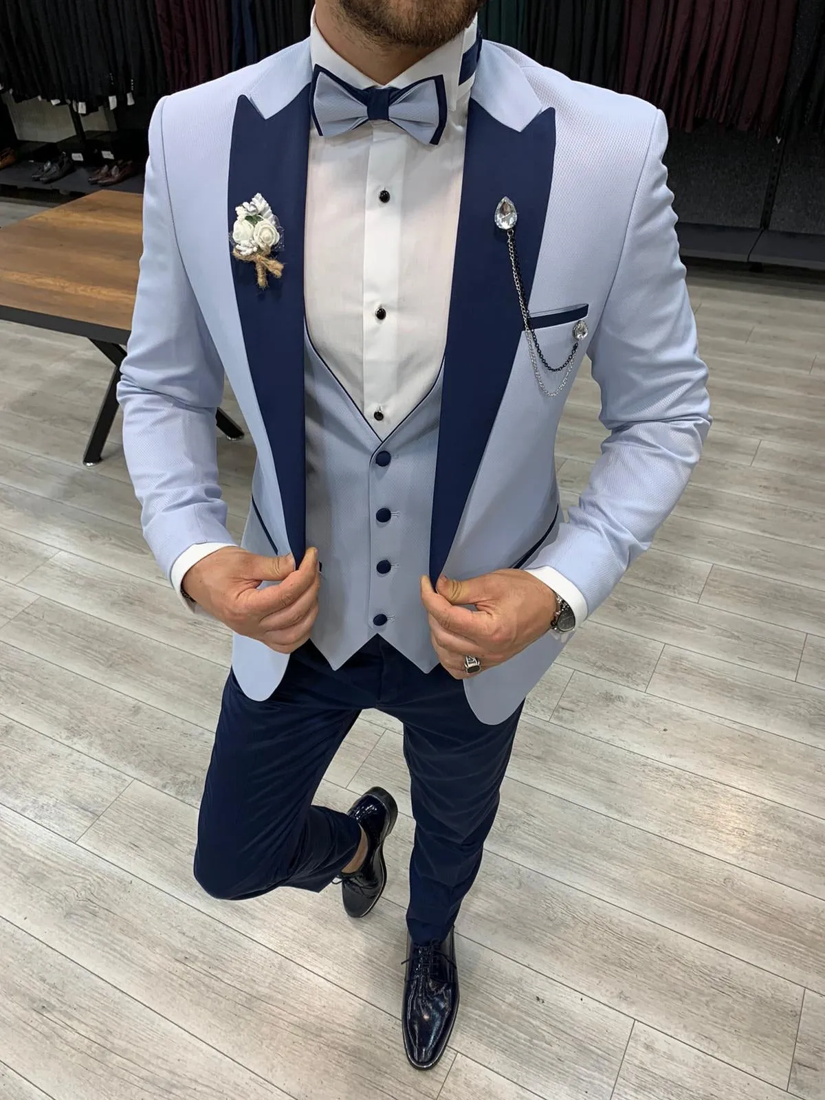 Wilson Sky Blue Slim Fit Peak Lapel Tuxedo: Perfect for Formal Occasions