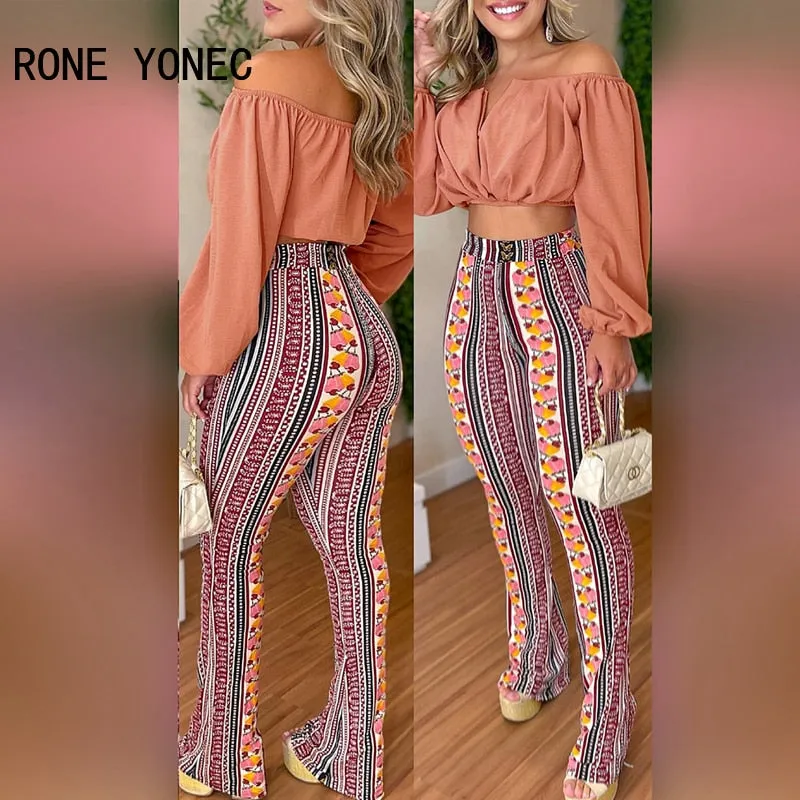 Women Chic Solid Crop Top & All Over Print Pants Slash Collar Long Sleeves Sexy Pants Sets
