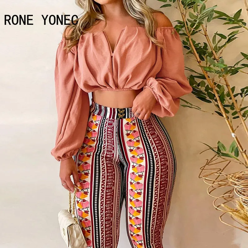 Women Chic Solid Crop Top & All Over Print Pants Slash Collar Long Sleeves Sexy Pants Sets