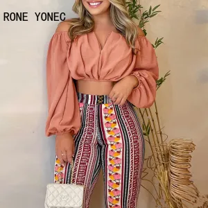 Women Chic Solid Crop Top & All Over Print Pants Slash Collar Long Sleeves Sexy Pants Sets